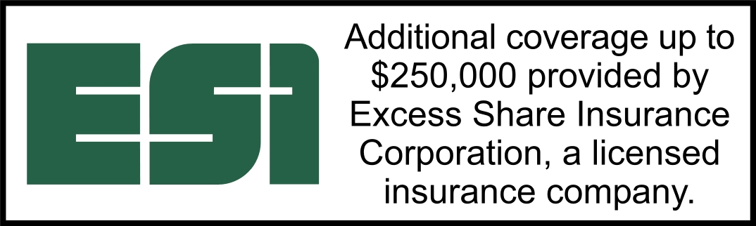 Additional coverage up to $250,000 provided by Excess Share Insurance Corporation, a licensed insurance company.